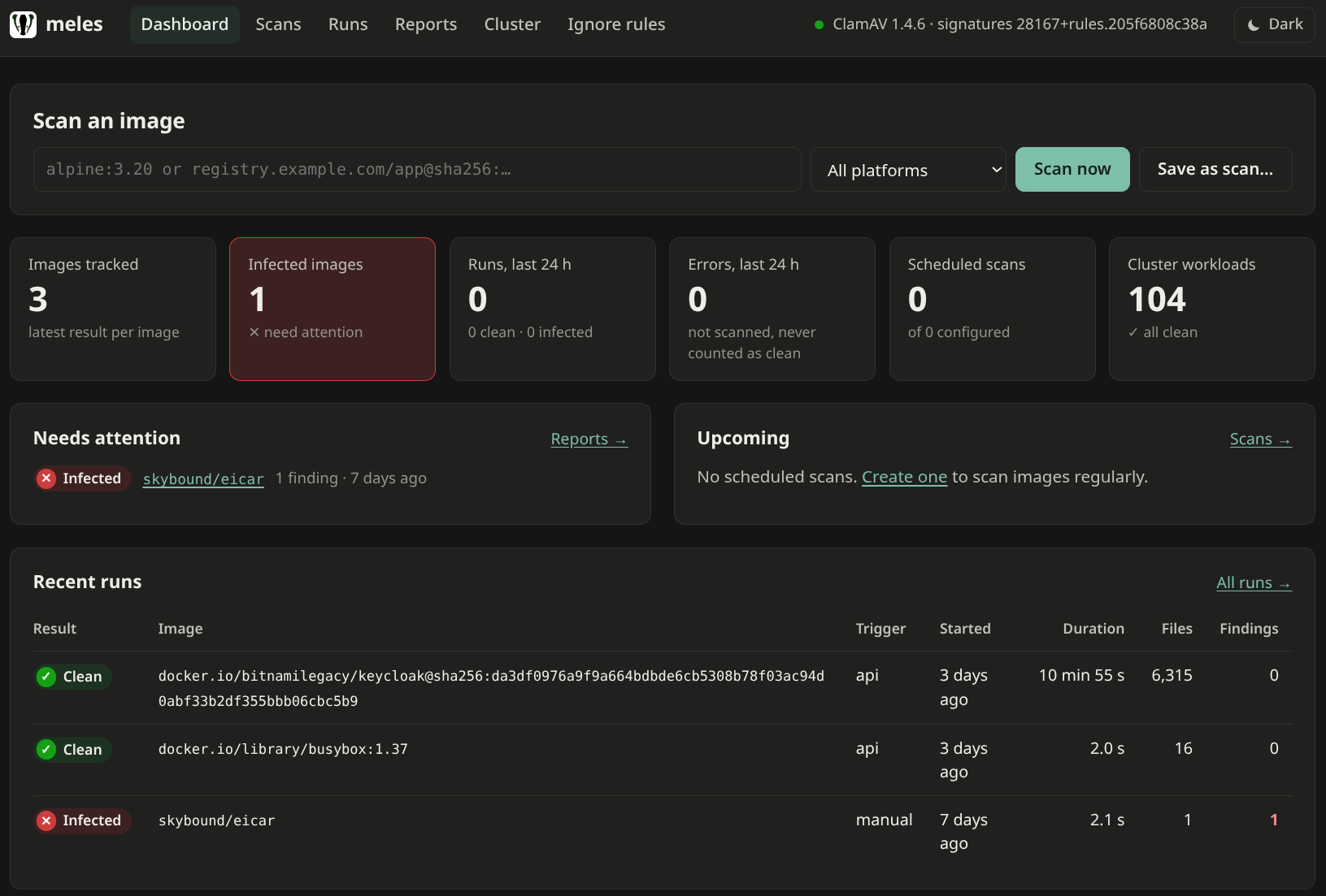 meles dashboard: a quick scan form, counters for tracked and infected images, an infected EICAR test image under Needs attention, and recent runs