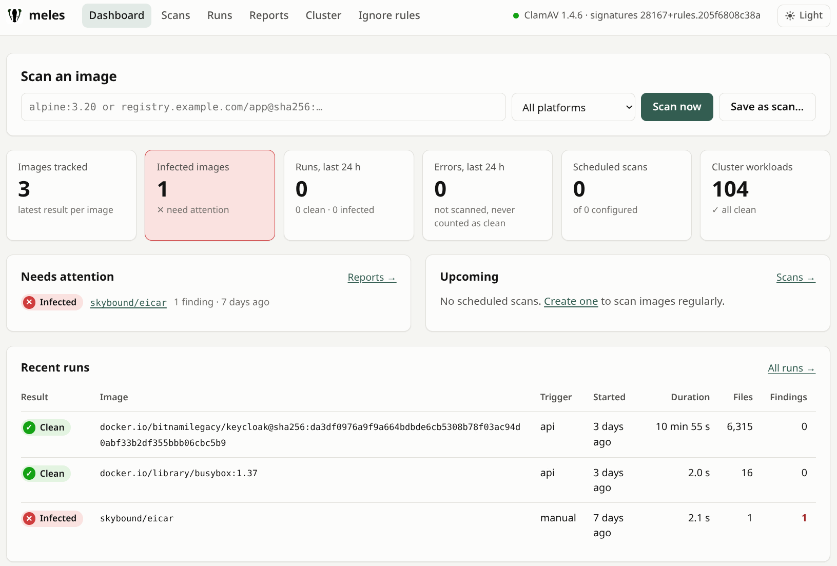 meles dashboard: a quick scan form, counters for tracked and infected images, an infected EICAR test image under Needs attention, and recent runs